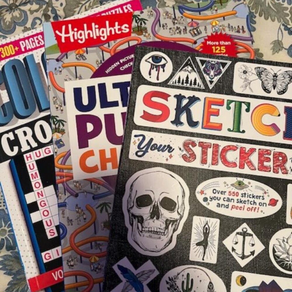 New Set of 3 Activity Books (Draw Your Own Stickers, Puzzle Book & Crossword)